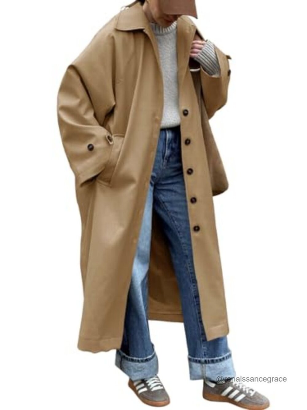 Tankaneo Women's Long Trench Coat Single Breasted Oversized Windproof Classic